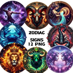 Sternzeichen Clipart PNG - Set mit 12 niedlichen Horoskop Symbolen mit Sternen und Sternbildern, digitaler Download für Planer Aufkleber, Kunsthandwerk