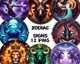 Puede incluir: Un conjunto de 12 imágenes PNG con signos del zodiaco. Cada signo está representado de forma detallada, colorida y artística, dentro de un marco circular. El texto "ZODIAC SIGNS 12 PNG" se muestra en el centro.