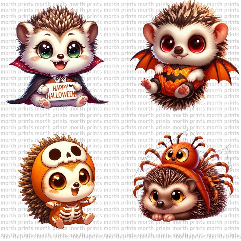 Peut inclure: Quatre illustrations num&eacute;riques de h&eacute;rissons habill&eacute;s en costumes d'Halloween. Le premier h&eacute;risson est un vampire avec une pancarte qui dit "Joyeux Halloween !" Le deuxi&egrave;me h&eacute;risson est une chauve-souris avec des ailes orange et noires. Le troisi&egrave;me h&eacute;risson est un squelette avec un cr&acirc;ne sur la t&ecirc;te. Le quatri&egrave;me h&eacute;risson est une araign&eacute;e avec une toile d'araign&eacute;e.