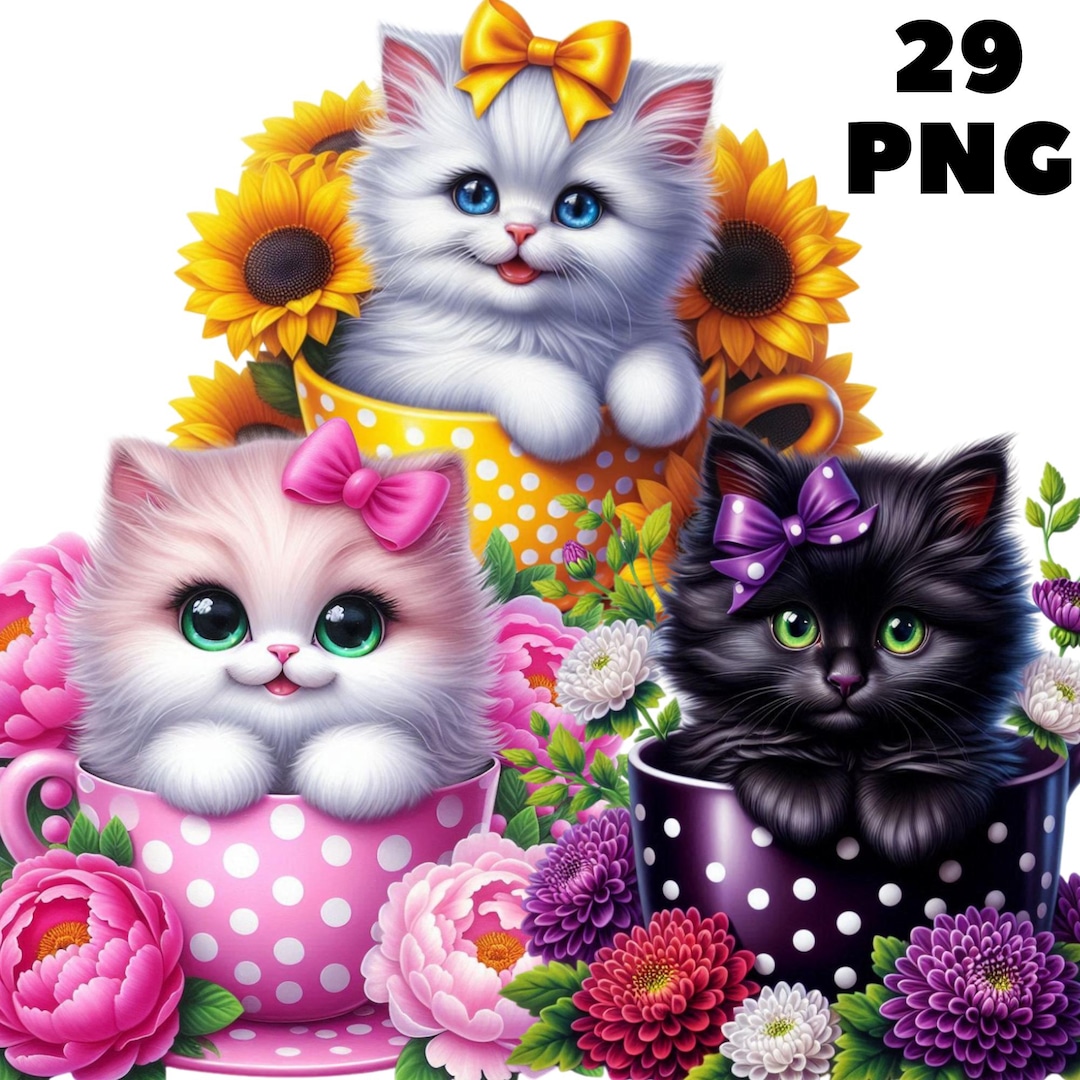 Floral Cat Clipart, Adorable Kitten PNG With Flowers, Cute Spring ...