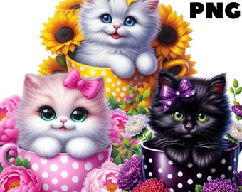 Floral Cat Clipart, Adorable Kitten PNG with Flowers, Cute Spring Animal Stickers for Cards and Nursery Decor, Printable Art, Commercial Use