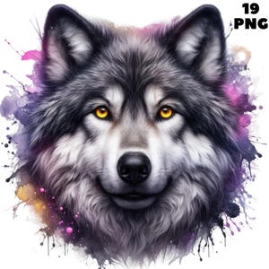 May include: A close-up of a wolf's face with a watercolor background. The wolf has a gray and white coat with bright yellow eyes. The background is a mix of purple, pink, and yellow.