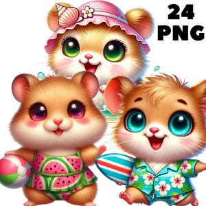 Beach Hamster Clipart PNG – 24 Cute Summer Hamsters with Sunglasses, Ice Cream, Floaties, Fun Holiday Animal Set, Instant Download