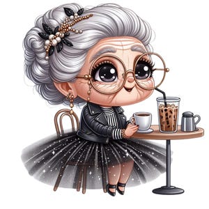 Aquarelle dame âgée avec thé chaud Clipart, confortable senior dame PNG, vieille femme Clipart, dessin animé drôle grand-mère de thé chaud, grand-mère buvant du café