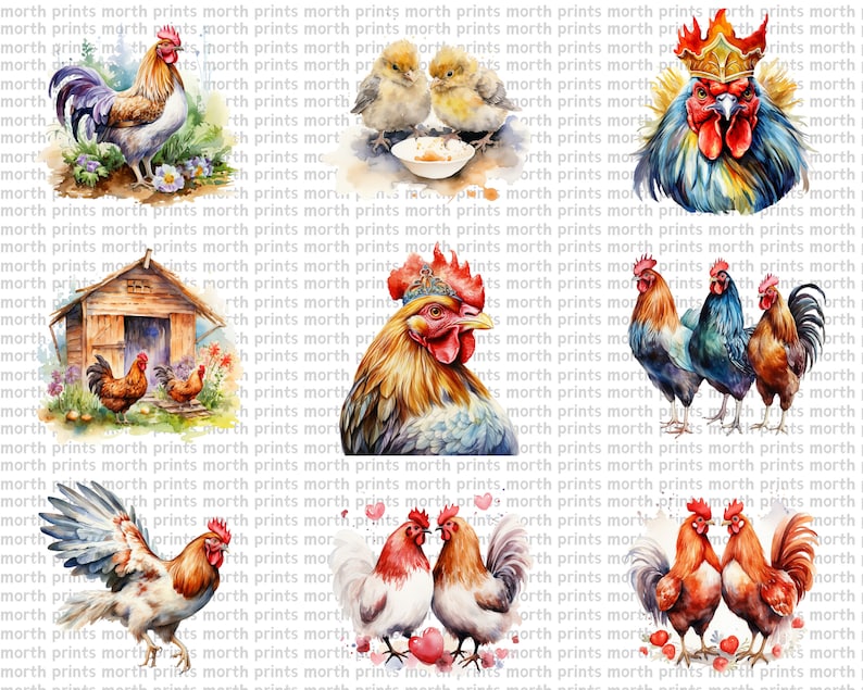 Watercolor Chicken Clipart PNG, Rooster Hen Chick, Farm Animals, 55 PNG ...