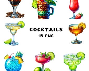 Aquarell Cocktail Clipart, Martini Margarita Mojito, 45 PNG-Dateien, 300 DPI, transparenter Hintergrund, Aufkleber, Sublimation, kommerzielle Nutzung