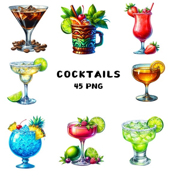 Watercolor Cocktail Clipart , Martini Margarita Mojito, 45 PNG Files, 300 DPI, Transparent Background, Stickers, Sublimation, Commercial Use