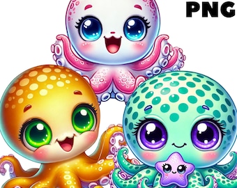 Baby Octopus Clipart, Cute Octopus PNG, Ocean Animals Watercolor Graphics, Underwater Creatures Stickers, Digital Art, Commercial Use