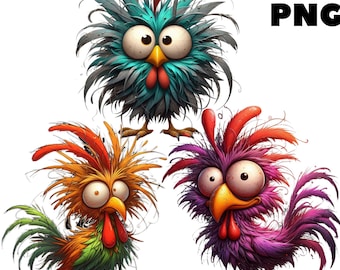Funny Cartoon Chicken Clipart, Quirky Rooster PNG for Invites, Stickers, Cards, Instant Download, Farm Animal Sublimation, Commercial Use
