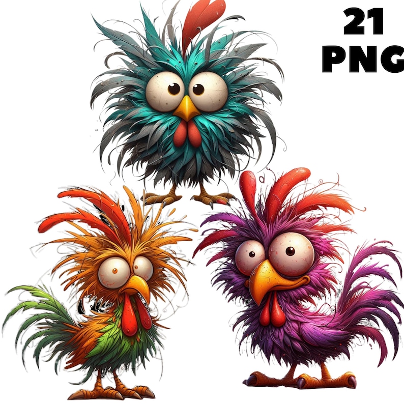 May include: Three cartoon chickens with colorful feathers and large, expressive eyes. The chickens have a variety of colors, including blue, orange, green, purple, and red.