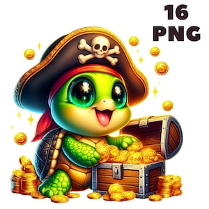 16 PNG Pirate Turtle Clipart, Animales lindos, Pirate Clipart, Paquete de animales, Ilustraciones, Descarga instantánea para uso comercial