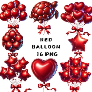 16 PNG Globo rojo Clipart, Clipart de cumpleaños, Globo colorido, Decoración de fiesta infantil, Ilustraciones, Descarga instantánea para uso comercial