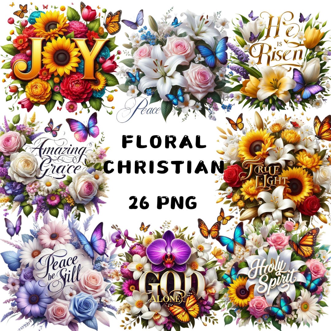 Floral Christian Clipart Bundle, Faith Quote PNG, Bible Verse Flowers ...