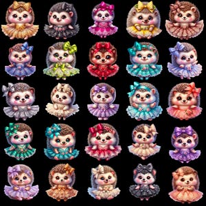May include: A collection of 30 colorful hedgehog figurines with different colored dresses and bows. Each hedgehog is wearing a different color dress and bow, and they are all arranged in a grid pattern.