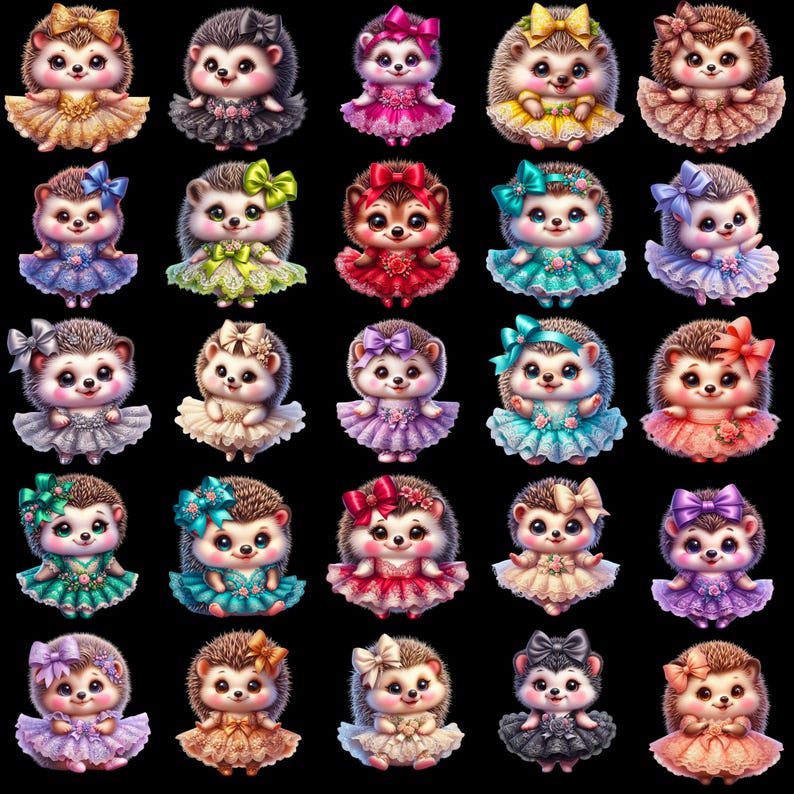 May include: A collection of 30 colorful hedgehog figurines with different colored dresses and bows. Each hedgehog is wearing a different color dress and bow, and they are all arranged in a grid pattern.
