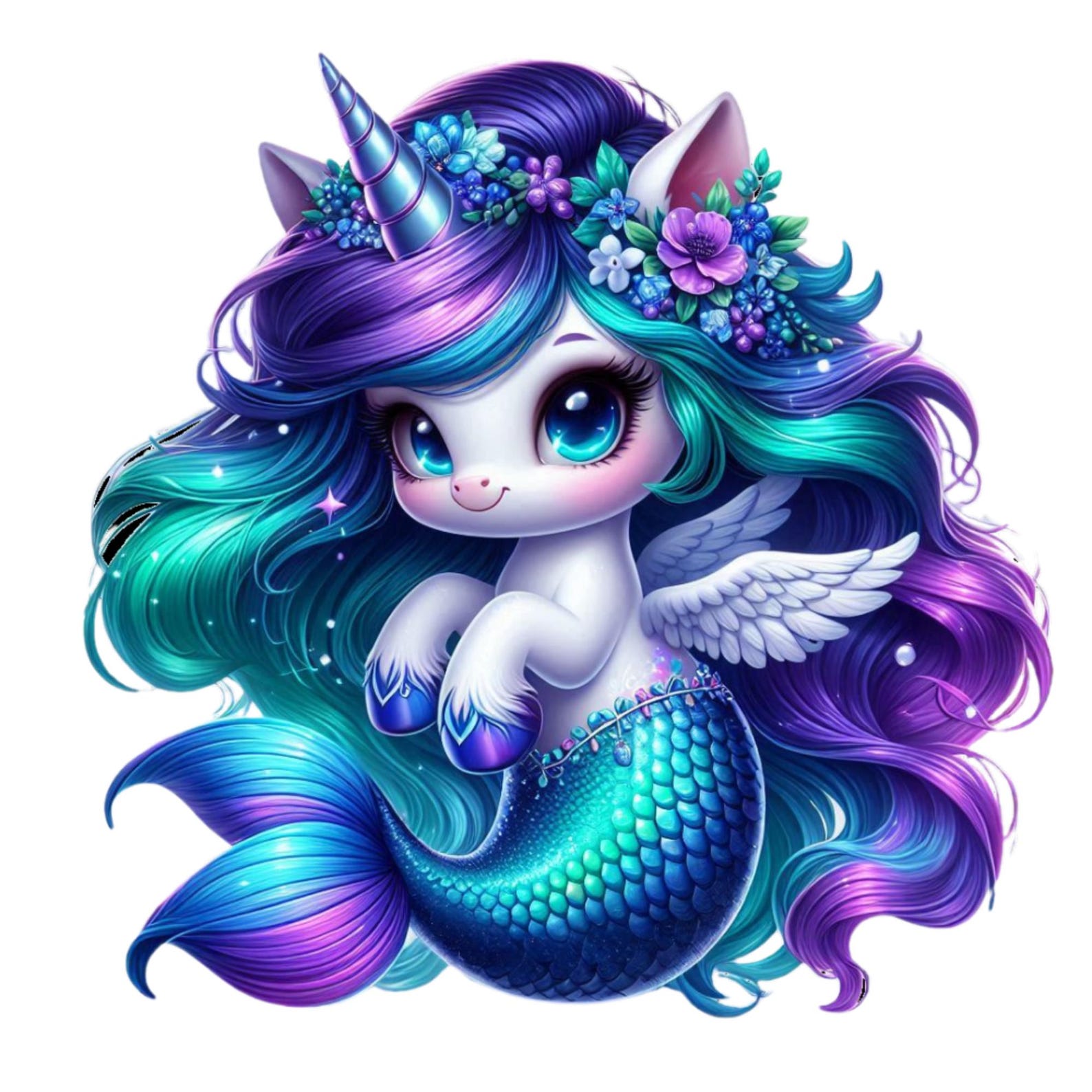 Unicorn Mermaid Clipart, Rainbow Watercolor PNG Set, Kawaii Fantasy ...