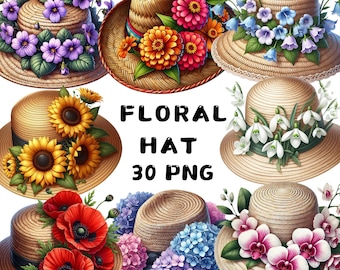 Floral Hat Clipart PNG, Vintage Women’s Hat & Victorian Flower Illustrations, Watercolor Fashion Art for Crafts, Commercial Use