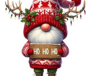 May include: A Christmas gnome wearing a red and white knitted hat with reindeer antlers and a sign that says "Ho Ho Ho".