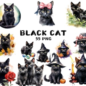 55 Aquarell schwarze Katze Clipart, Halloween Katzen, Herbst Katze, schwarze Katze mit Hüten, Illustrationen, Instant Download für kommerzielle Nutzung
