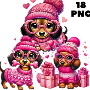 18 PNG Valentinstag Hund Clipart, Wurst Hund Png, Valentinstag Hund Mama Png, Weiner Hund Png zum Thema Liebe, rosa Liebe Welpe Clipart für Handwerker