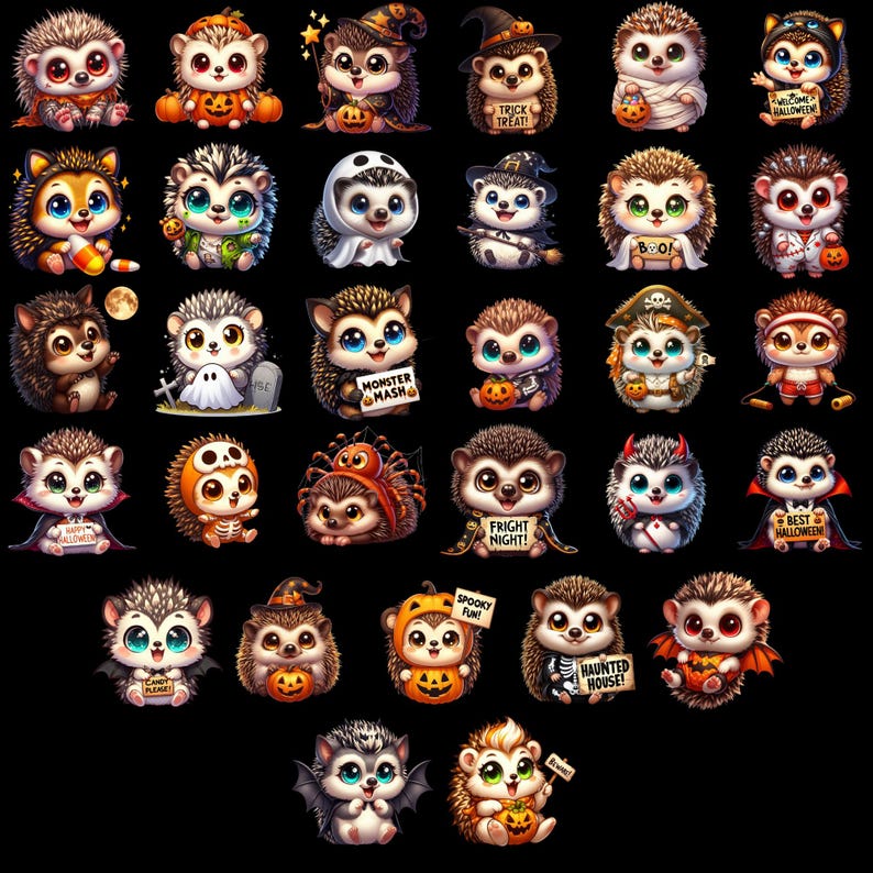 Peut inclure: Une collection de 25 illustrations de h&eacute;rissons sur le th&egrave;me d'Halloween. Les h&eacute;rissons sont habill&eacute;s de costumes vari&eacute;s, dont un fant&ocirc;me, un pirate, une sorci&egrave;re, un vampire et un monstre. Certains h&eacute;rissons tiennent des citrouilles, du ma&iuml;s sucr&eacute; et d'autres friandises d'Halloween.