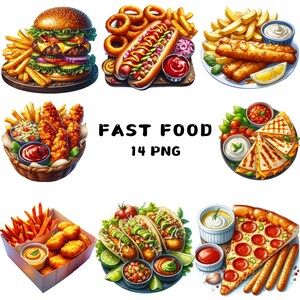 May include: A collection of fast food items, including a cheeseburger, hot dog, onion rings, french fries, fish sticks, chicken tenders, quesadillas, tacos, pizza, and mozzarella sticks.