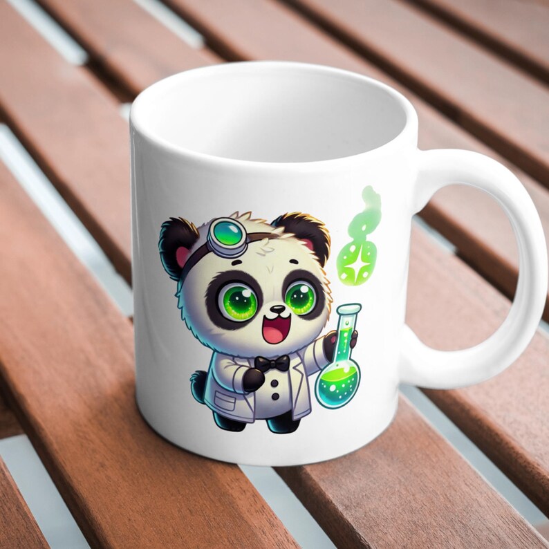 May include: White ceramic mug with a cartoon panda wearing a lab coat and goggles, holding a beaker with green liquid. The panda has black and white fur and green eyes. There is a green swirl of smoke coming from the beaker.