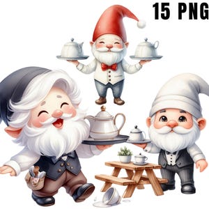 Ober kabouter clipart, schattige restaurantkabouter, dienblad met kabouter, café- en barserver kabouterbundel, eten en drinken kunst, Instant Download