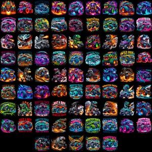 May include: A collection of 36 colorful monster truck designs. Each design features a monster truck with a unique name and slogan. The designs are perfect for use on t-shirts, mugs, stickers, and other merchandise.