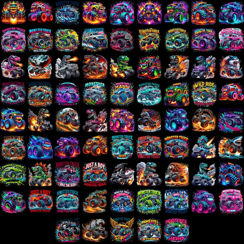 May include: A collection of 36 colorful monster truck designs. Each design features a monster truck with a unique name and slogan. The designs are perfect for use on t-shirts, mugs, stickers, and other merchandise.