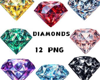 Sparkle Diamond Clipart, Gemstone Jewel PNG, Glitter Crystal Graphics for Cards Shirts and Crafts, Elegant Printable Designs, Commercial Use