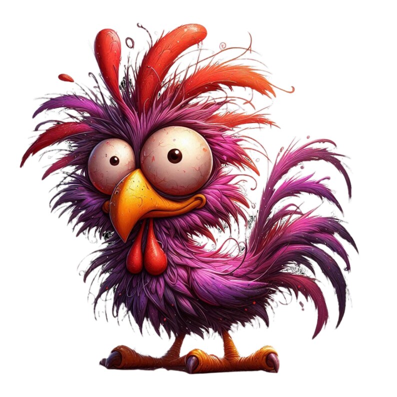 May include: A cartoon rooster with a purple and red body, large eyes, and a yellow beak. The rooster has a messy, ruffled appearance and is standing on a white background.