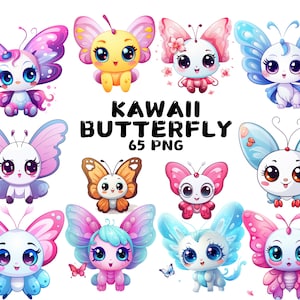 65 Aquarell Kawaii Schmetterling Clipart, niedlich, bezaubernd, magisch, Fantasy Schmetterling, Illustrationen, sofortiger Download für kommerzielle Nutzung