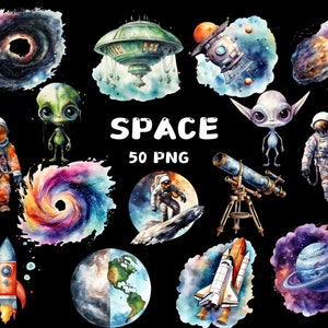 50 Aquarell Weltraum Clipart, Planet, Spiralgalaxie, Mond, Sternwarte, UFO, Astronaut, Illustrationen, sofortiger Download für kommerzielle Nutzung