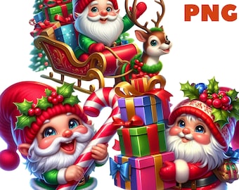 May include: Three Christmas gnomes with red and white hats, one holding a candy cane, another carrying a stack of wrapped gifts, and the third riding in a red sleigh pulled by a reindeer. The gnomes have white beards and are wearing green and red clothing.