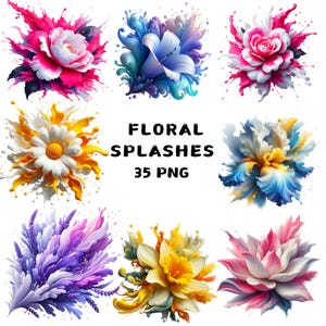 35 PNG Blumenspritzer Clipart, Farbspritzer, Farbspritzer, bunte Grafiken Illustrationen, sofortiger Download für kommerzielle Nutzung