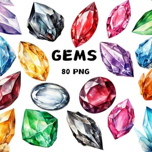 Watercolor Gemstone Clipart: Sparkling Crystal PNG Images (Digital Download, 300 DPI)
