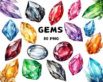 May include: Watercolor illustration of various gemstones in shades of purple, blue, red, green, yellow, and gray. The word "GEMS" is written in black, along with "80 PNG". The gemstones are in different shapes and sizes.