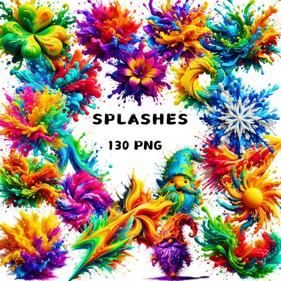 Color Splash Clipart PNG, Paint Splatter & Ink Blotches, 130 PNG Graphics, Backgrounds, Overlays, Transparent Background, Commercial Use