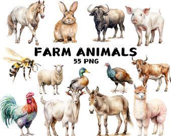 Watercolor Farm Animals Clipart PNG, Cow Pig Horse Goat Sheep, 55 PNG Files, Transparent Background, Stickers, Sublimation, Commercial Use