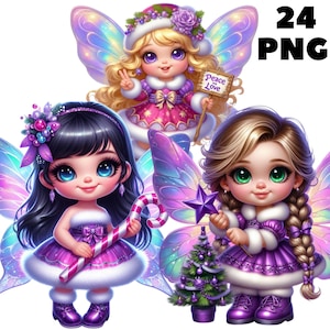 24 PNG Purple Christmas Fairy Clipart, Fada fofa, Clipart de Natal, Pacote de clipart, Ilustrações, Download instantâneo para uso comercial