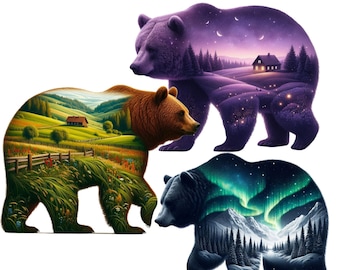 Scenic Landscape Bear Clipart, Mountain Sunset PNG for Wall Art, Shirts, Stickers, Instant Download, Sublimation Designs, Commercial Use