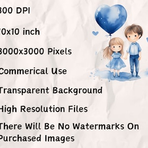 May include: A watercolor illustration of a boy and girl holding hands. The girl is wearing a blue dress and the boy is wearing a blue shirt and jeans. They are standing in front of a blue heart-shaped balloon. The background is a light blue watercolor wash.
