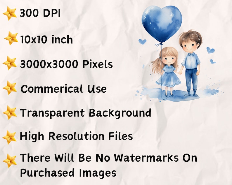 May include: A watercolor illustration of a boy and girl holding hands. The girl is wearing a blue dress and the boy is wearing a blue shirt and jeans. They are standing in front of a blue heart-shaped balloon. The background is a light blue watercolor wash.