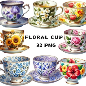 32 PNG Floral Cup Clipart , High Quality PNG, Card Making, Cup png, Flower png, Tea cup, Illustrations , Instant Download for Commercial Use