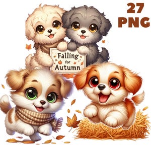 Puede incluir: Tres perros de dibujos animados con decoraciones de otoño. Un perro blanco con orejas marrones sostiene un cartel que dice "Falling for Autumn". Un perro marrón y blanco con una bufanda está corriendo. Un perro marrón con marcas blancas está saltando en un montón de heno.