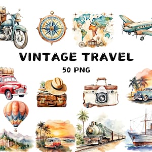 50 cliparts de voyage vintage aquarelle, valise, appareil photo, été, voyage vintage, illustrations, téléchargement immédiat pour un usage commercial