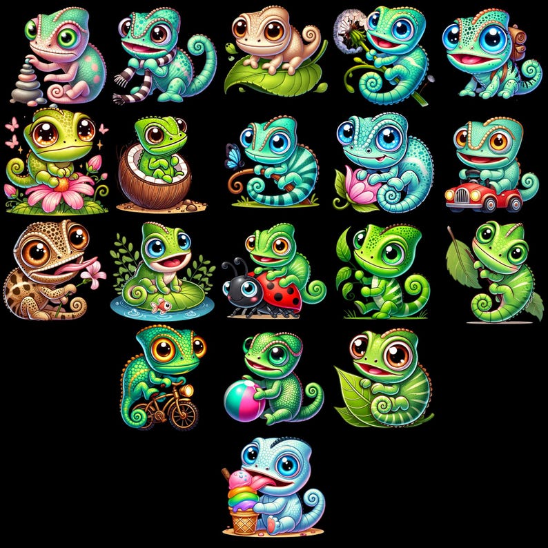 May include: A collection of 20 cartoon chameleon illustrations. The chameleons are depicted in various poses and settings, including riding a bicycle, eating ice cream, and holding a ladybug. The chameleons are all brightly colored and have large, expressive eyes.