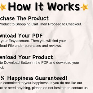 May include: A white background with black text explaining how to purchase and download a digital product from Etsy. The text includes the words "How It Works", "Purchase The Product", "Download Your PDF", "Download Your Product", and "100% Happiness Guaranteed!"
