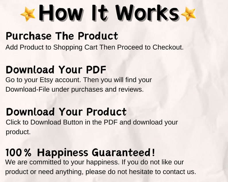 May include: A white background with black text explaining how to purchase and download a digital product from Etsy. The text includes the words "How It Works", "Purchase The Product", "Download Your PDF", "Download Your Product", and "100% Happiness Guaranteed!"